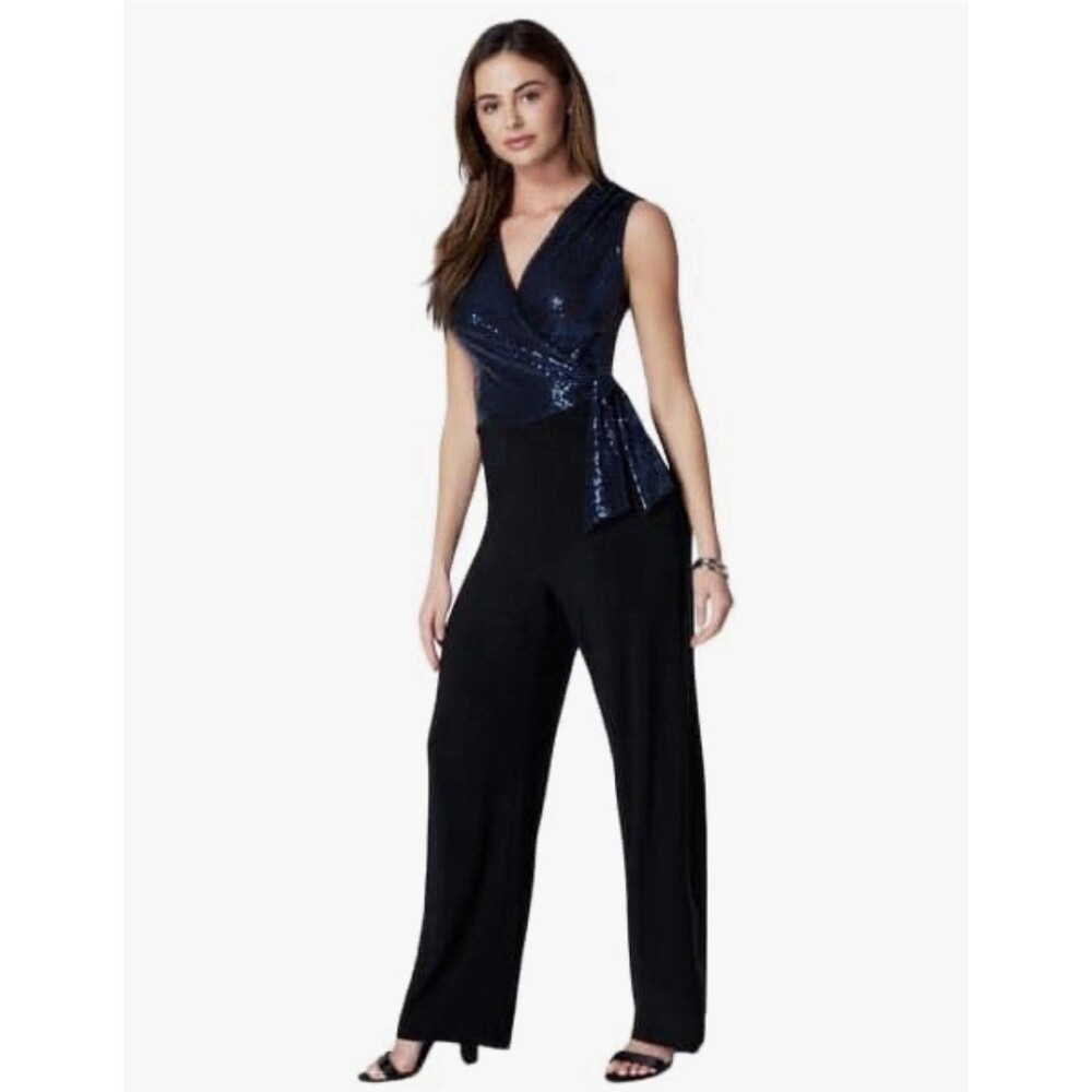 Bebe Disco Dot Sequin Wrap Tie Sleeveless Wide-Leg Jumpsuit Black Medium NWT